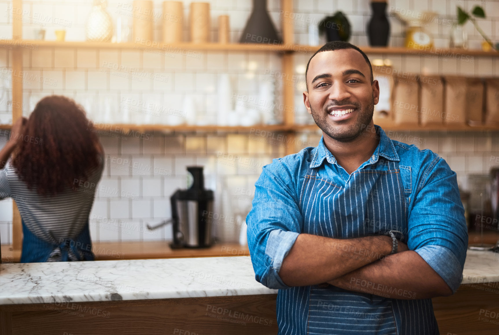 Buy stock photo Cafe, crossed arms and portrait of black man barista for service, working and coffee shop startup. Small business owner, restaurant and professional male waiter smile in cafeteria ready to serve