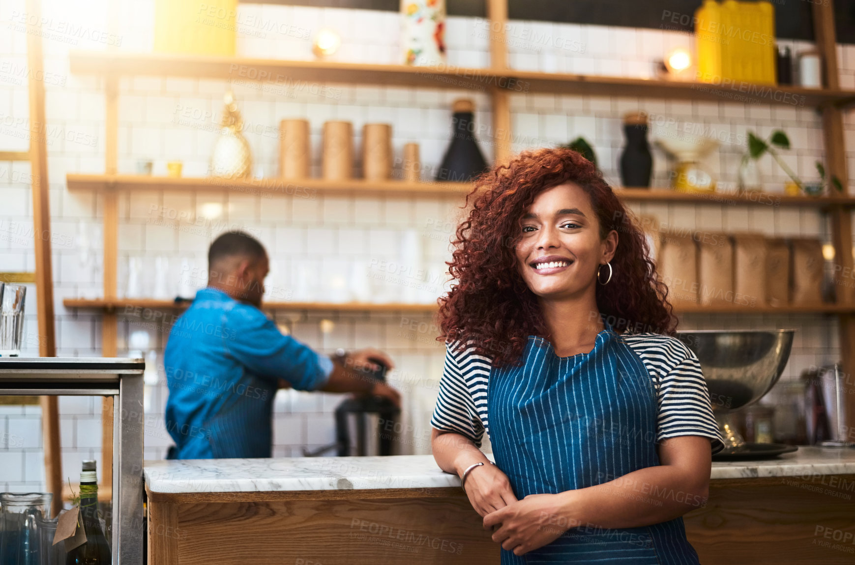 Buy stock photo Cropped portrait of an attractive young woman standing in her coffee shop