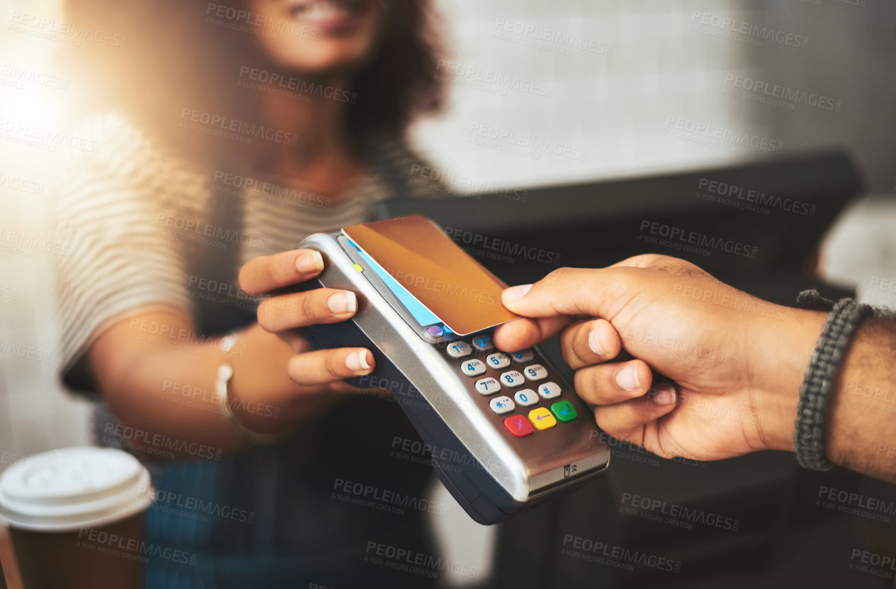 Buy stock photo Payment, credit card and hands of people in coffee shop for fintech, shopping and digital transaction. Technology, retail and sale with closeup of customer and waiter for pos machine, cafe and store