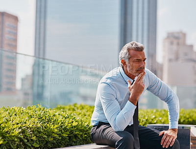Buy stock photo Cropped shot of a mature corporate businessman contemplating outside