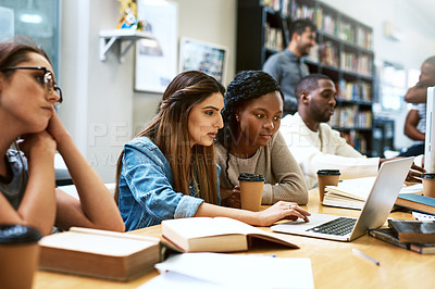 Buy stock photo Laptop, library and university girl students studying together for education in preparation of a test or exam. Computer, college and scholarship with female friends searching for information online