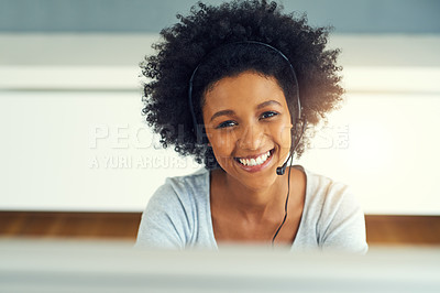 Buy stock photo Cropped portrait of an attractive young businesswoman working in a call center