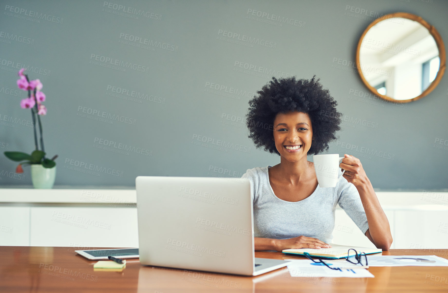 Buy stock photo Woman, portrait and tea break in home office for copywriter, research and article for news. African person, smile and information for proposal or column, planning and coffee mug for remote work