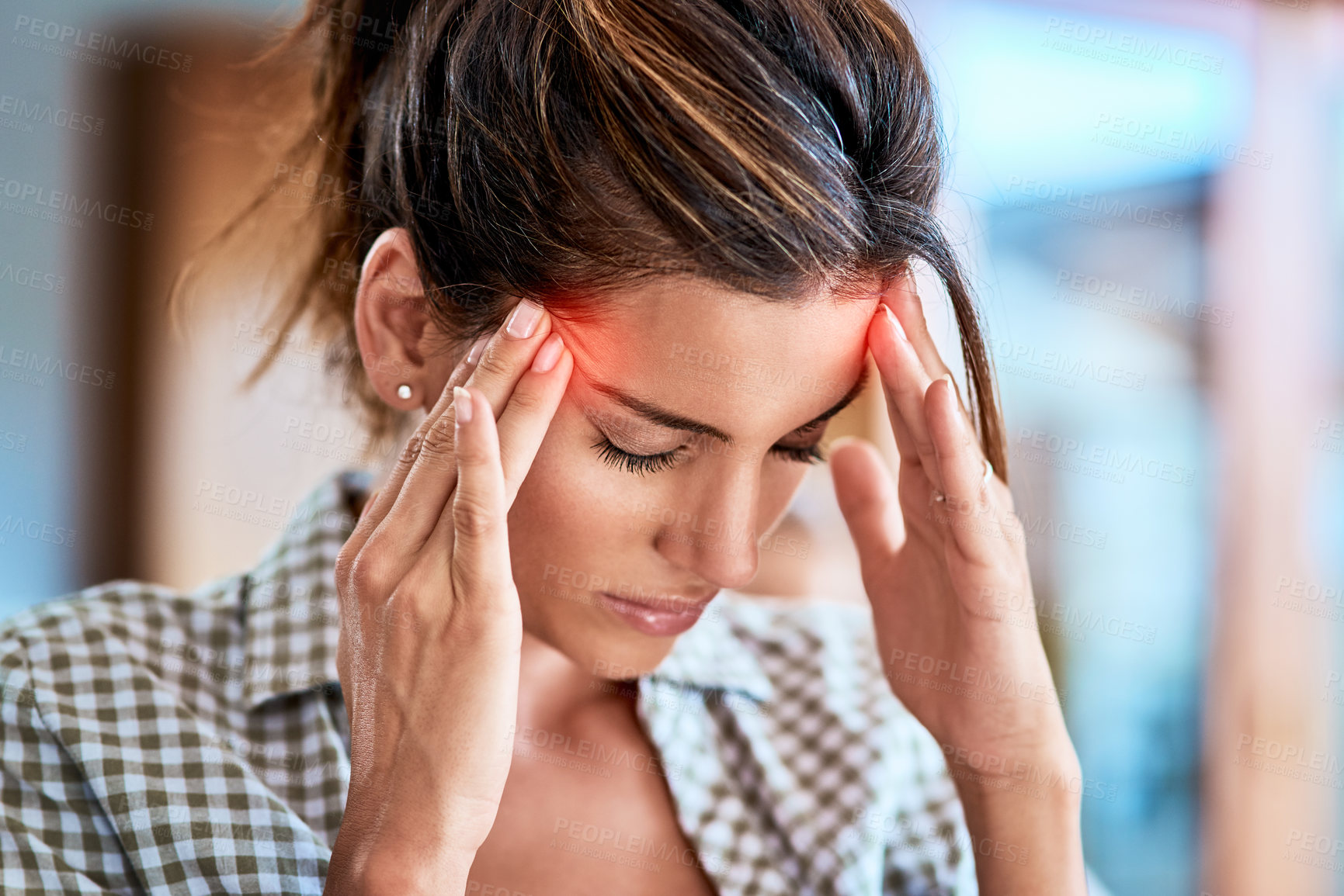 Buy stock photo Headache, woman and hands on head for pain, stress and burnout or brain fog or temple massage for anxiety, fatigue or hurt. Person, migraine or mental health problem with sore or vertigo overlay