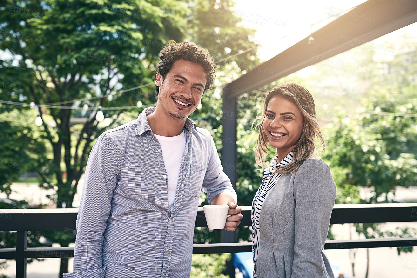 Buy stock photo Portrait of two businesspeople taking a break outside