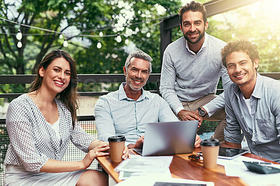 Buy stock photo Portrait of a team of colleagues having a meeting together outdoors