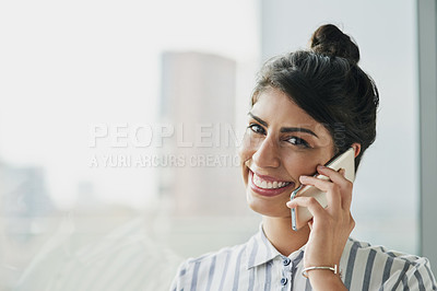 Buy stock photo Phone call, portrait and business woman for consulting, conversation and smile in corporate office. Administration, communication and employee talking for contact us, networking and management