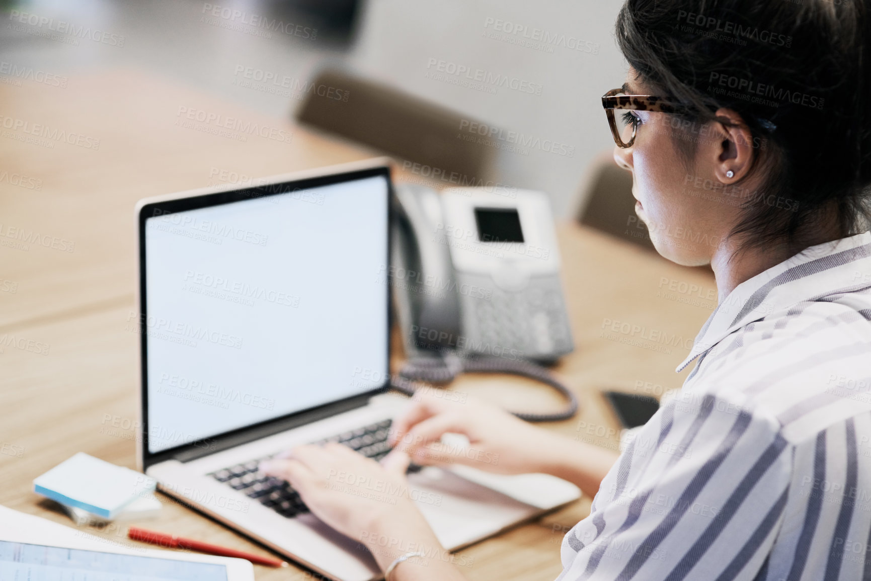 Buy stock photo Typing, business woman and laptop screen with mockup space, advertising and marketing. Computer, digital display and worker writing promotion, commercial design and social media in creative startup