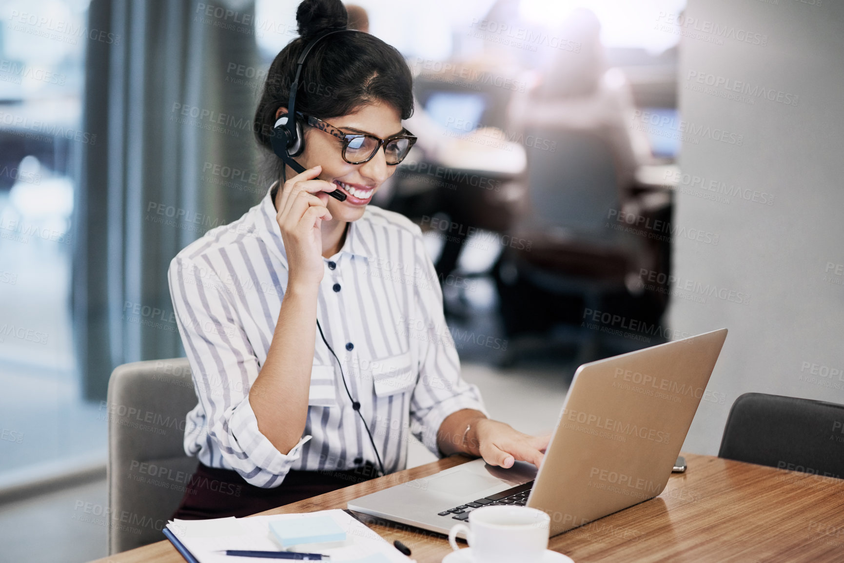 Buy stock photo Smile, woman and consulting with laptop in call center for career in telemarketing, inbound and customer service. Girl, headset and consultant for multilingual technical support, translation and crm.