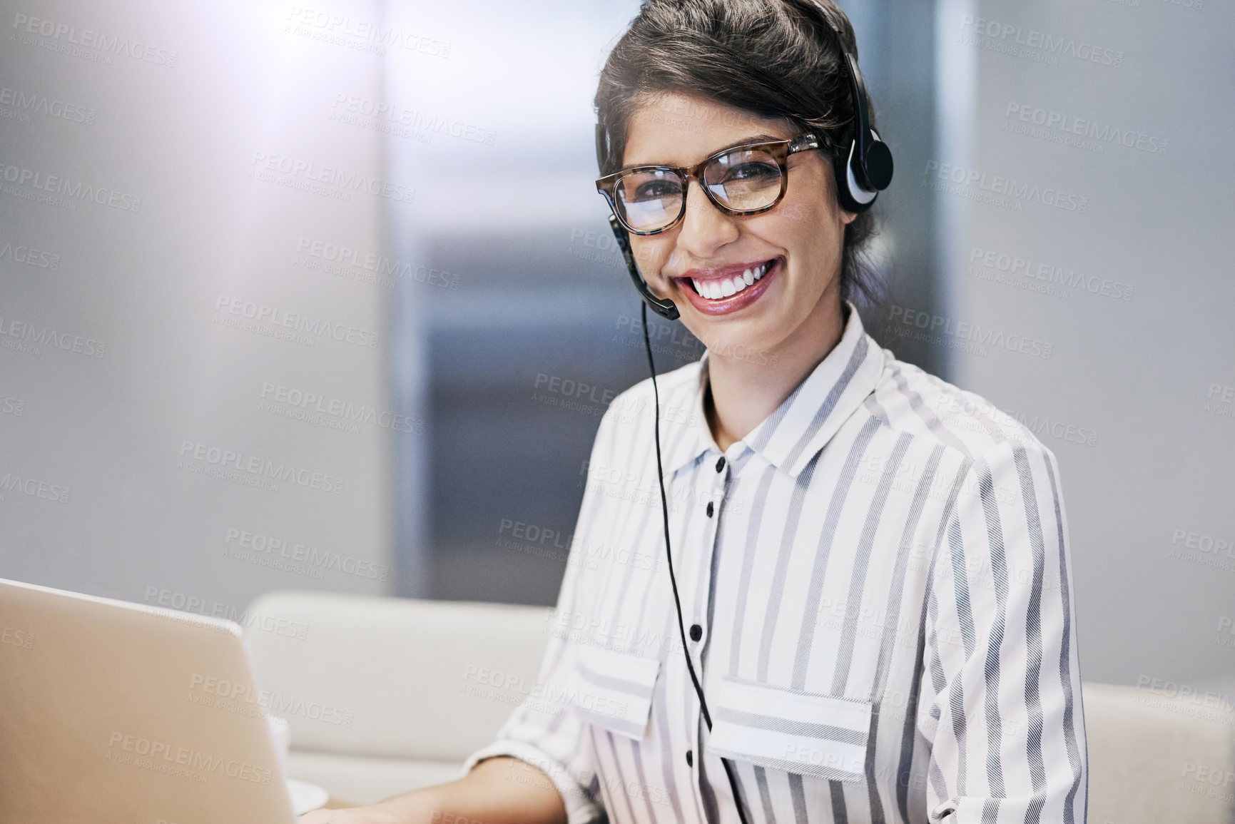 Buy stock photo Happy, woman and portrait with laptop in call center for career in telemarketing, inbound and customer service. Girl, headset and consulting for multilingual technical support, translation and crm.