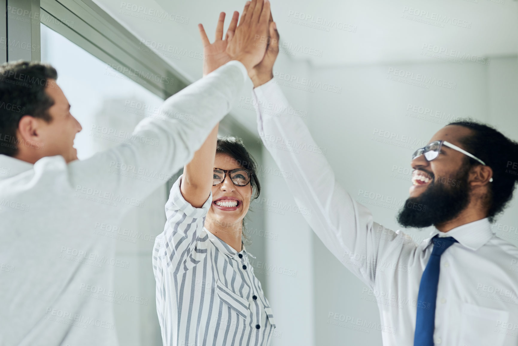 Buy stock photo Office, business people and excited with high five for celebration, support and synergy for achievement. Teamwork, employees and consultant with hand gesture for corporate success, target and career