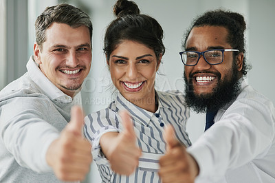 Buy stock photo People, portrait and thumbs up in office for business, approval and excited for new project. Team, happy and hand gesture in workplace for success, deal and thank you with support and diversity