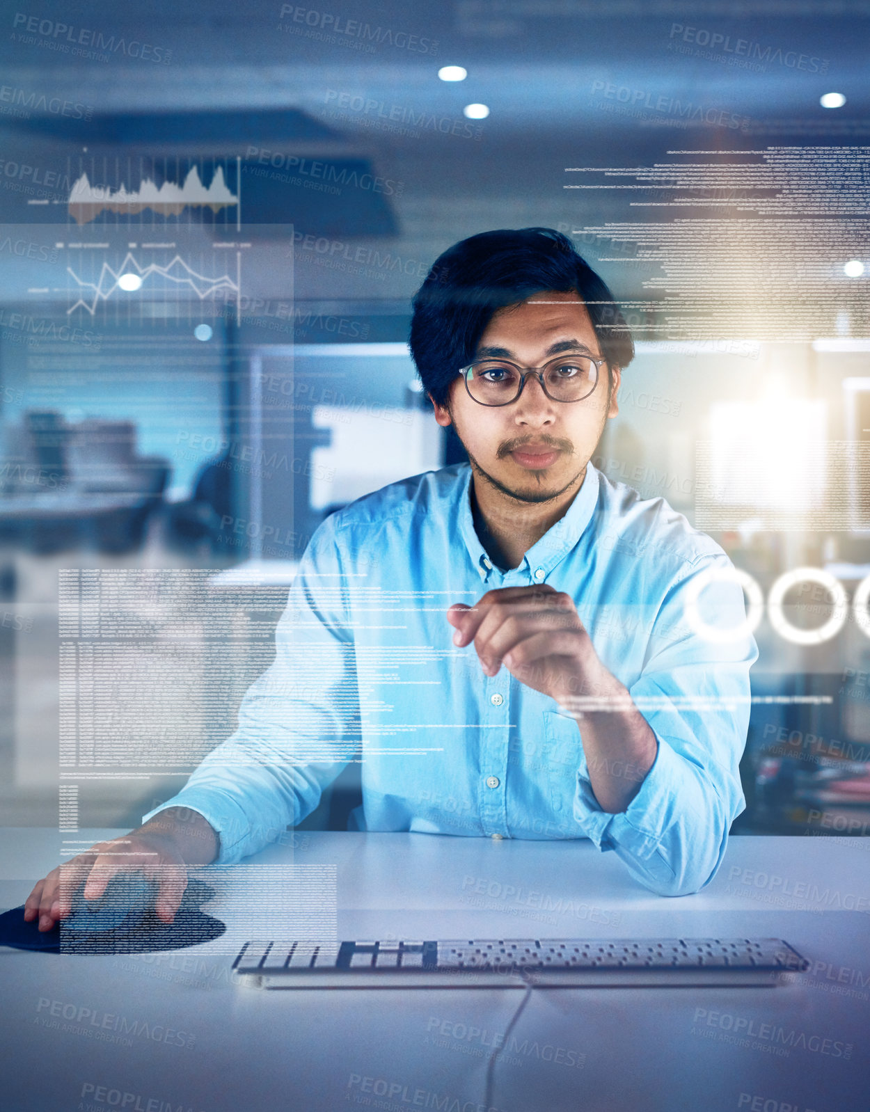 Buy stock photo Asian man, data scientist and portrait with overlay, code or innovation in web research. Computer engineering, technology and market analysis for blockchain, metrics or futuristic network in Malaysia