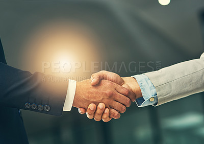 Buy stock photo Handshake, agreement and hands of business men in office for partnership, recruitment deal and thank you. Corporate, collaboration and male workers shaking hand for onboarding, support and teamwork
