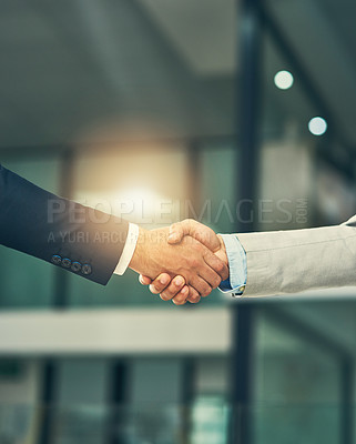 Buy stock photo Partnership, handshake and hands of business people in office for hiring, recruitment deal and thank you. Corporate, collaboration and male workers shaking hands for onboarding, support and teamwork
