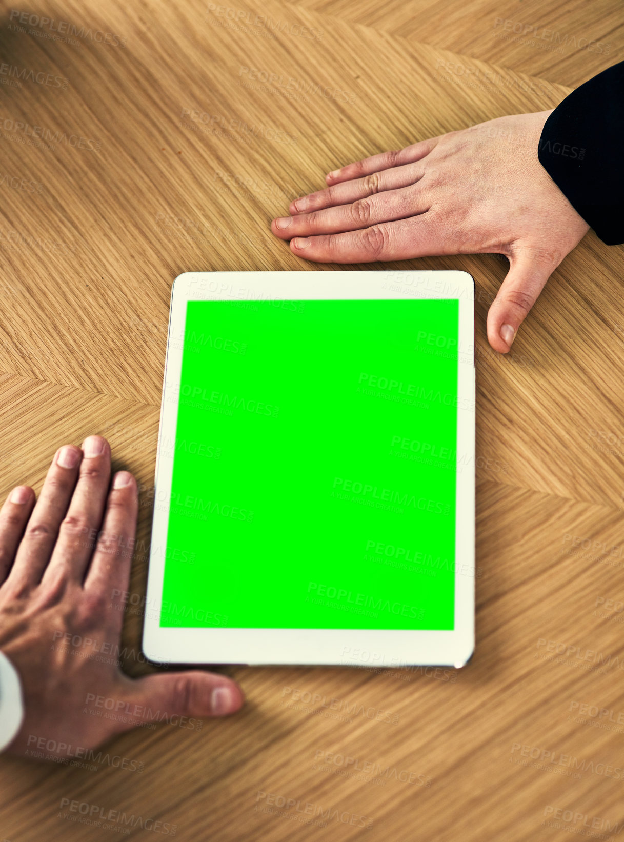 Buy stock photo Meeting, business people and hands with green screen on tablet for review of software development. Mockup, developer and partner with tech at agency for web application, ux information or IT research