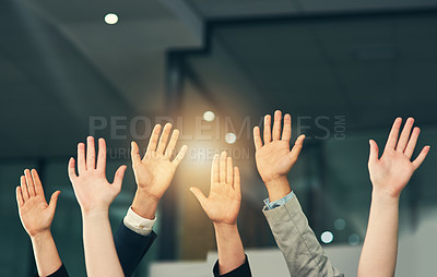 Buy stock photo Palm, hands and group of business people with question for feedback in presentation, workshop and tradeshow. Corporate office, audience and workers raising hand for seminar, meeting and conference