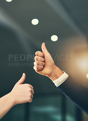 Buy stock photo Hands of business men with thumbs up in office for feedback, good news and agreement. Corporate workplace, teamwork and workers with gesture for thank you, support and yes sign for winner approval