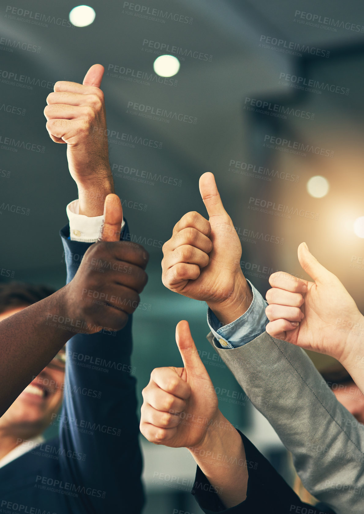 Buy stock photo Cropped shot of a group of businesspeople giving thumbs up in a modern office