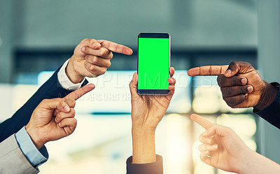 Buy stock photo Green screen, pointing and business people with phone for branding, contact us and mobile app. Mockup space, communication and hands with point gesture for social media, advertising and website