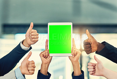 Buy stock photo Green screen, thumbs up and hands of business people on tablet for website, contact us and internet app. Mockup screen, digital tech and workers with like and approval for advertising and promotion