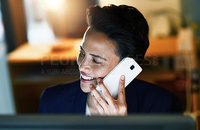 Buy stock photo Office, woman and happy with computer on phone call with good news on networking and communication. Business, female person and employee with smile as lawyer for discussion with client on court case