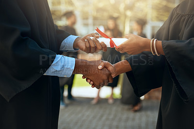 Buy stock photo Handshake, graduation and hands with certificate at a college for education or scholarship. Support, thank you and a university graduate shaking hands with a teacher for certification and achievement