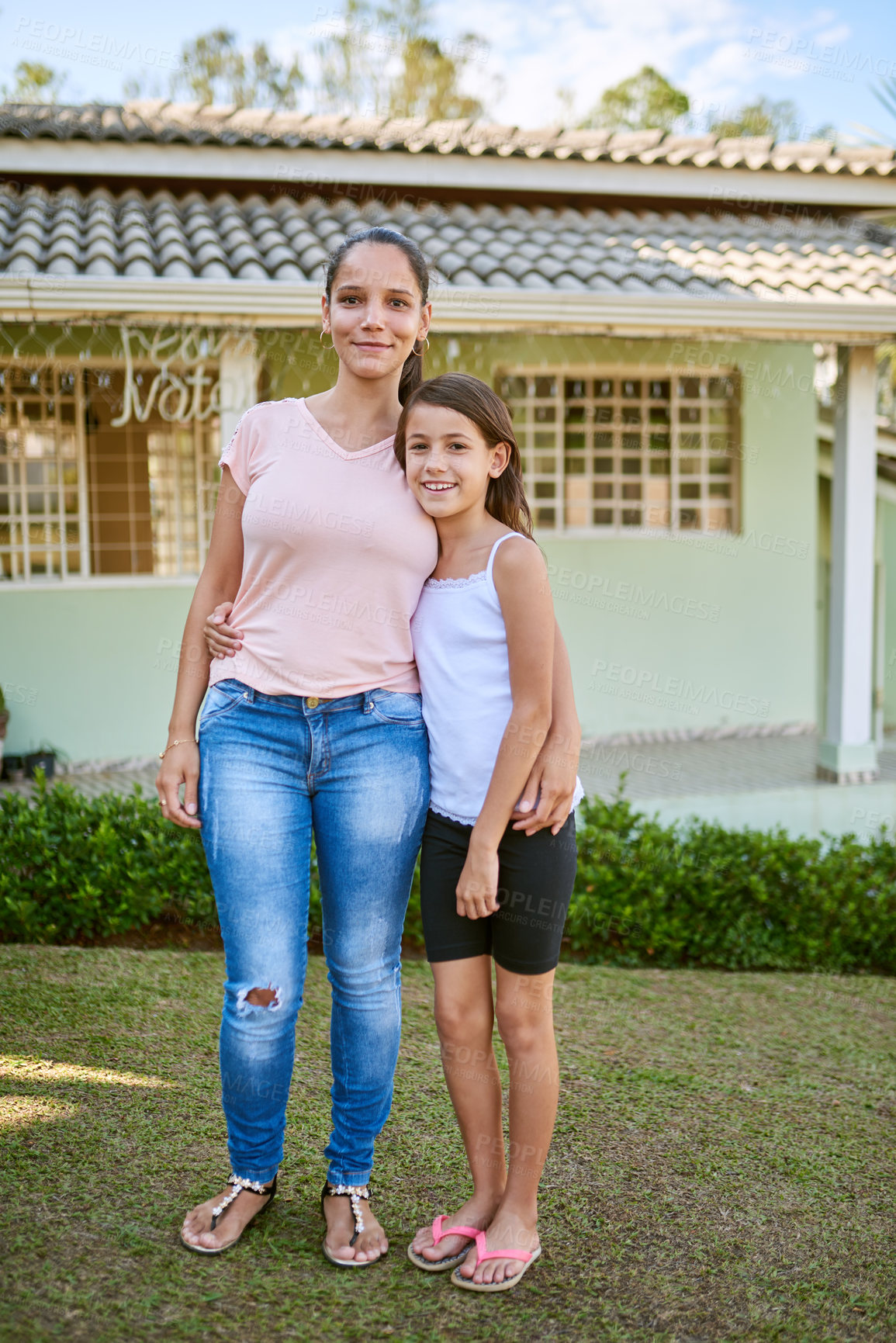 Buy stock photo Portrait, woman and child in backyard as new home or real estate investment for happy family on lawn. Mother, girl and bonding in garden for growth, together or development with love, care or support