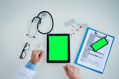 Buy stock photo Tablet, green screen and doctor hands with medicine, documents and healthcare service, research and mockup above. Mock up, space and paperwork, pills and medical person with telehealth application