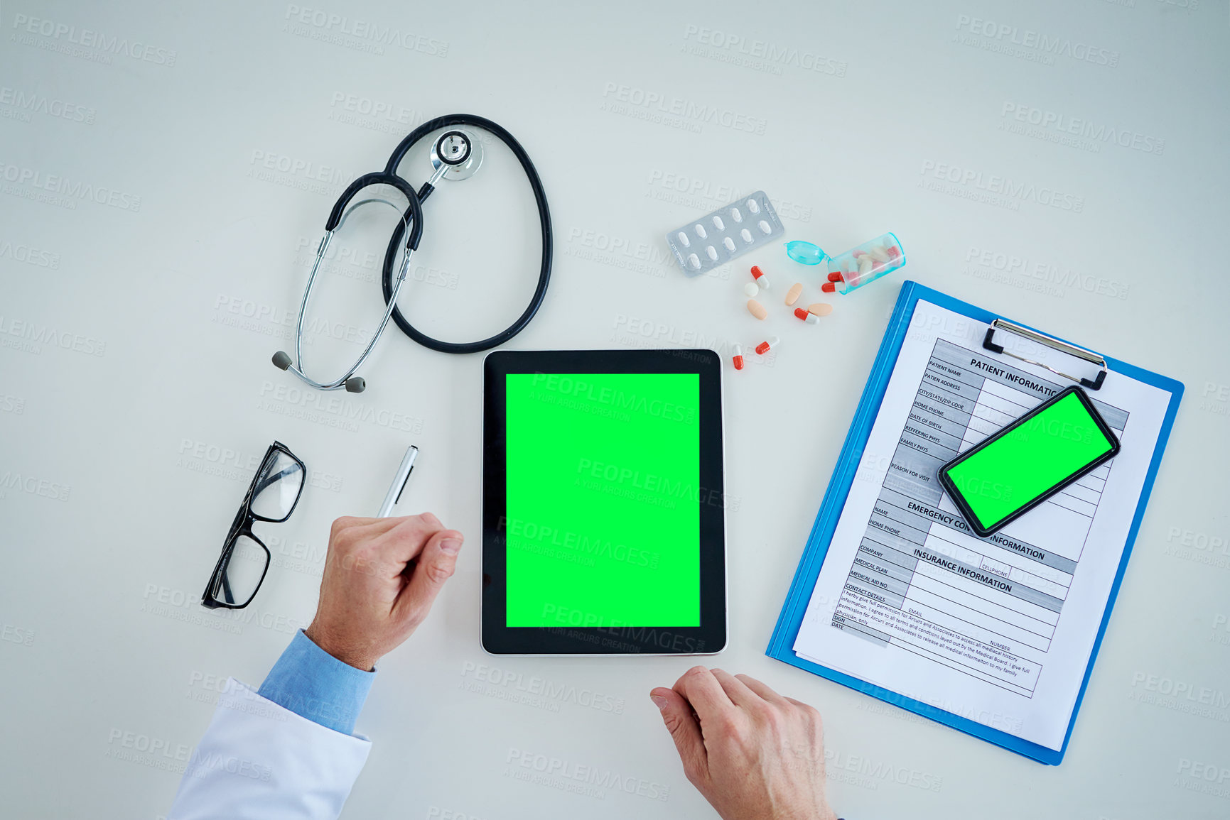 Buy stock photo Tablet, green screen and doctor hands with medicine, documents and healthcare service, research and mockup above. Mock up, space and paperwork, pills and medical person with telehealth application