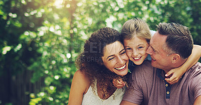 Buy stock photo Family, daughter and outdoor embrace in nature, love and laughing together in England countryside. Parents, happy child and travel portrait on vacation, forest and bonding on holiday for connection