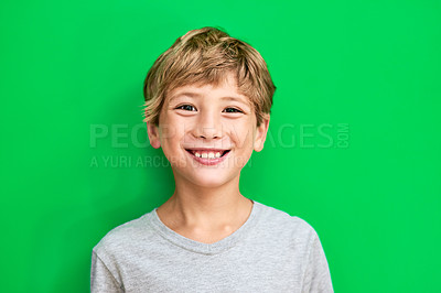 Buy stock photo Portrait, green screen and boy with a smile, mockup and confident kid against a studio background. Face, male child and young person with happiness, relax and casual with development, happy and joy