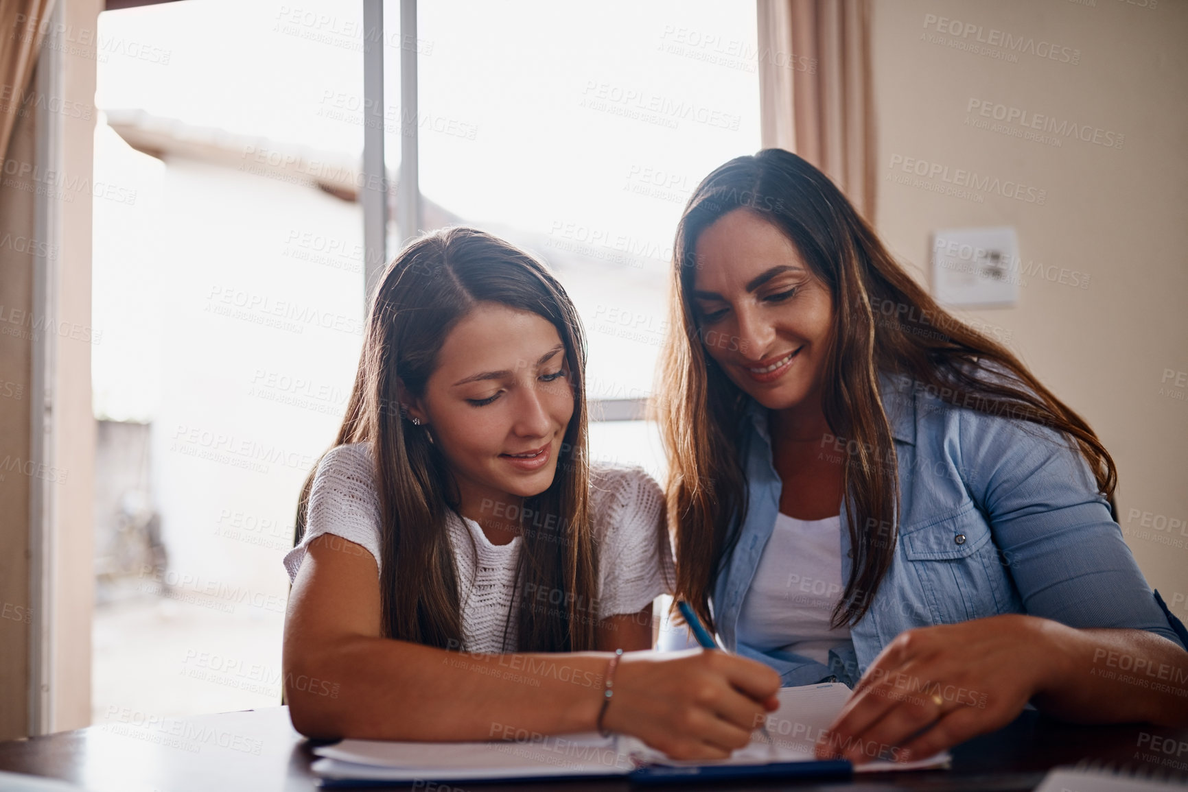 Buy stock photo Cropped shot of an attractive mother helping her daughter with her homework