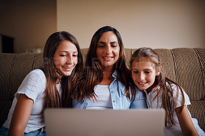 Buy stock photo Woman, children and laptop in living room for streaming, e learning and bonding as family. People, happiness and internet tech for education, development and homework as mother and daughter in home