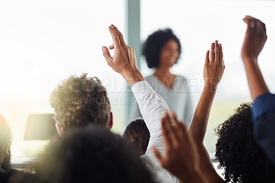 Buy stock photo Back, business people and hands raised for questions at conference, seminar or meeting. Group, audience and hand up for question, asking or answer, crowd vote and training at workshop presentation.