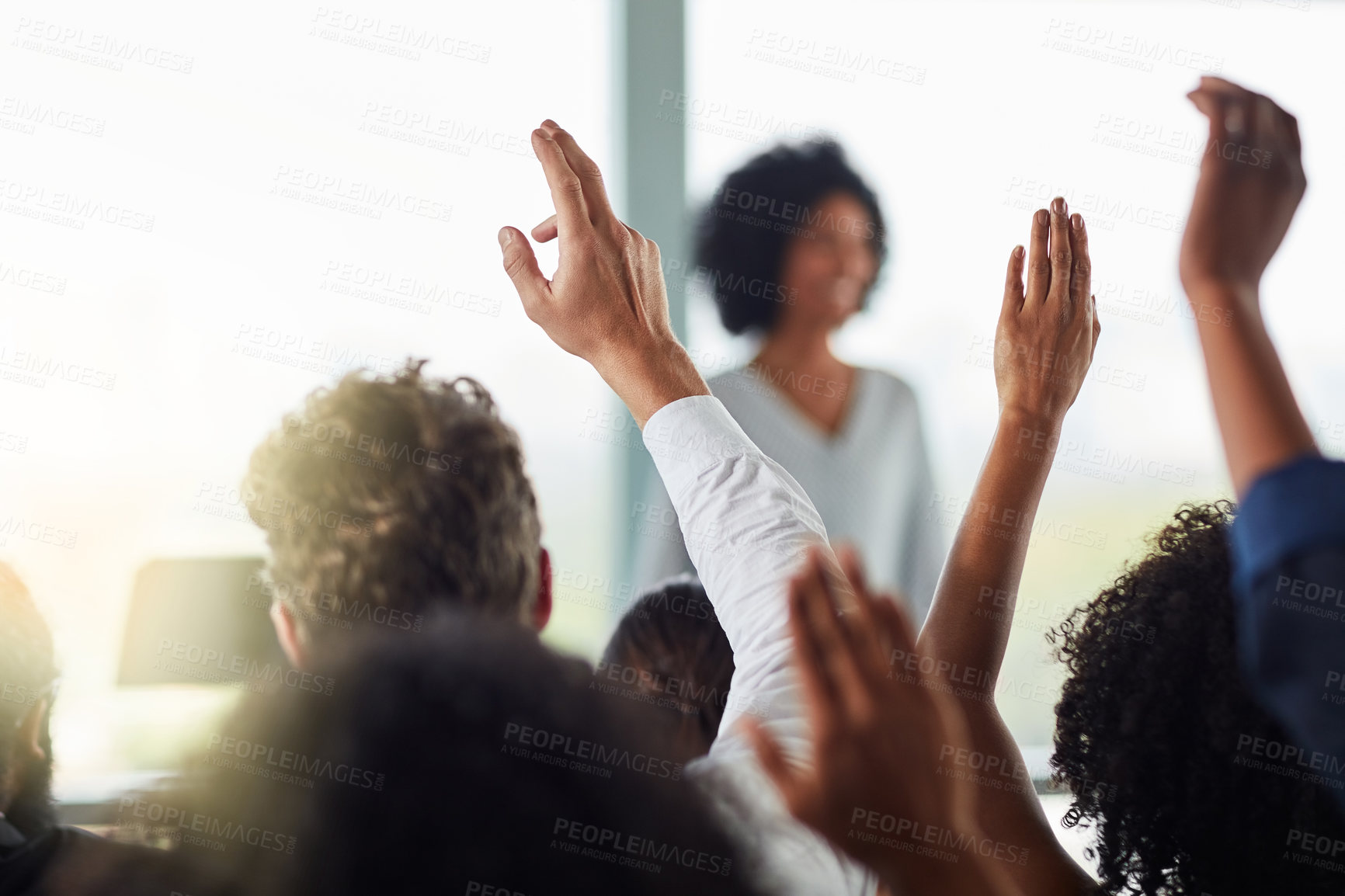Buy stock photo Back, business people and hands raised for questions at conference, seminar or meeting. Group, audience and hand up for question, asking or answer, crowd vote and training at workshop presentation.