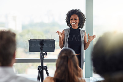 Buy stock photo Corporate, businesswoman with presentation and in business meeting in conference room at work. Presenter, happy female speaker and black woman at seminar or workshop speaking with businesspeople