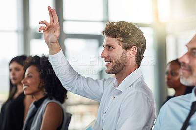 Buy stock photo Smile, business man and hands raised for questions at conference, seminar or meeting. Male person, happy and hand up for question, asking or answer, vote and training at workshop presentation event.