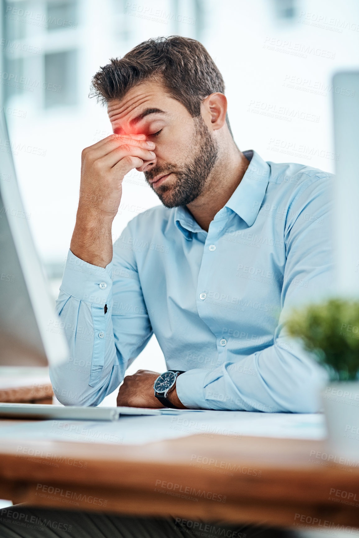 Buy stock photo Business man, headache and stress, pain or fatigue in office while working on pc. Burnout, migraine and male person with depression, vertigo or brain fog, anxiety or mental health, tired or problem.