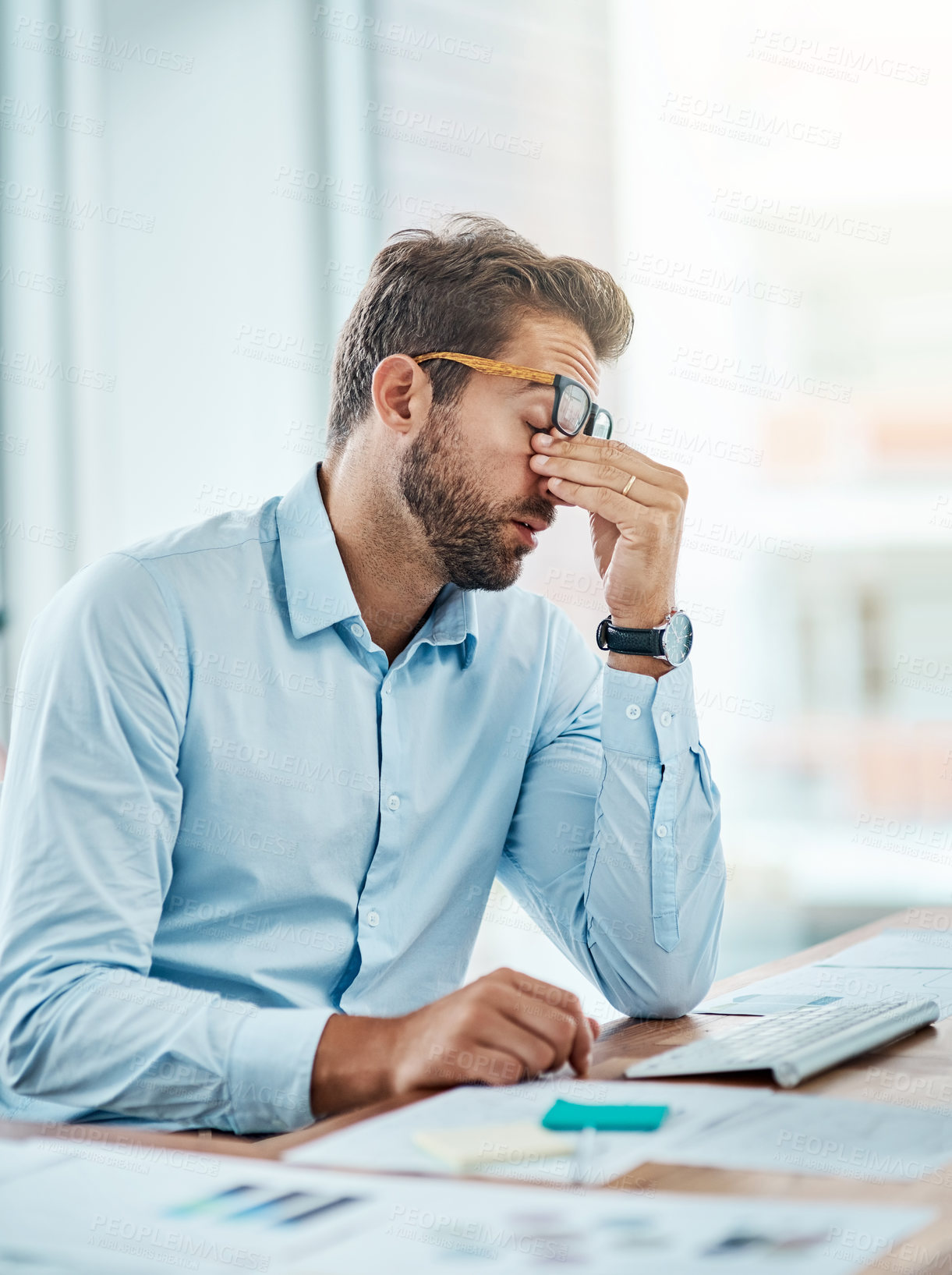 Buy stock photo Business man, headache and sick, tired or fatigue in office while working on pc. Burnout, migraine and male person with depression, vertigo or brain fog, anxiety or mental health, stress or problem.