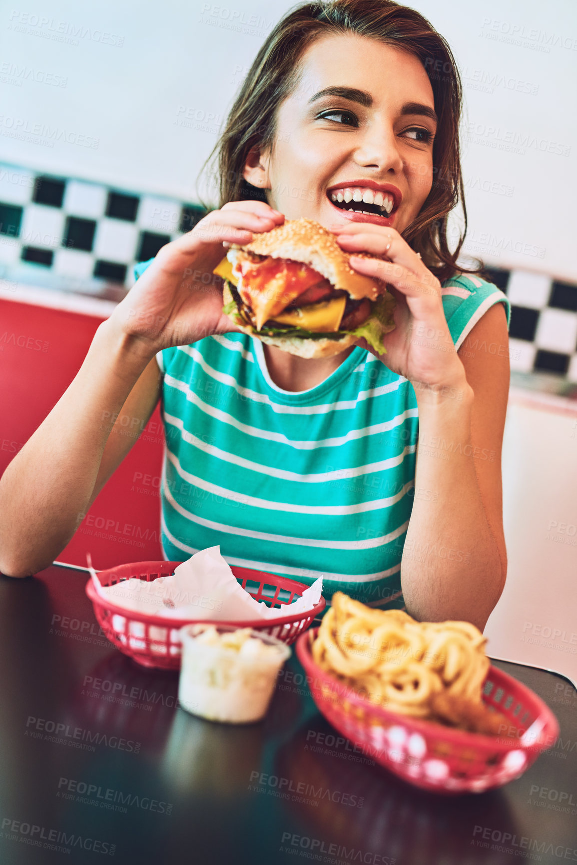 Buy stock photo Restaurant, thinking and woman with burger for fast food, eating and hungry for cheat meal on weekend. Cafeteria, girl and cheese sandwich and nutrition as comfort snack, craving and bun for lunch