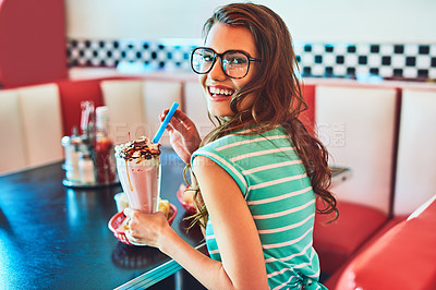 Buy stock photo Restaurant, happy and portrait of woman with milkshake, strawberry smoothie and chilling in weekend. Cafeteria, girl customer and creamy beverage for refreshment, enjoying and taste of dessert