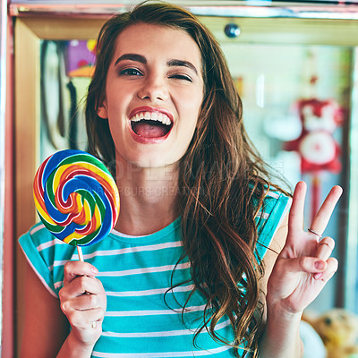 Buy stock photo Lollipop, woman and portrait with retro, peace sign and gen z cosmetics with sweet candy. Girl, vintage diner and fashion with makeup aesthetic or model with sweets, dessert and old school restaurant