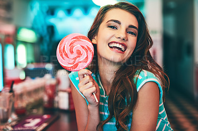 Buy stock photo Lollipop, woman and portrait with vintage, fashion and gen z cosmetics with sweet candy. Girl, retro diner and style with makeup aesthetic and model with sweets, dessert and old school restaurant