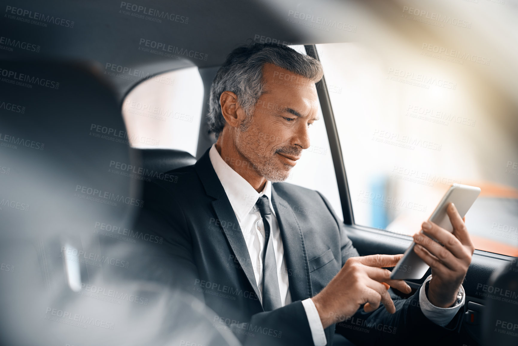 Buy stock photo Tablet, business man and car for travel, journey or drive while reading email. Professional male person with tech for communication and internet connection for work with luxury transportation or taxi