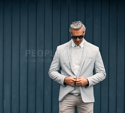 Buy stock photo Businessman, sunglasses and business fashion in city with confidence, style or luxury by mockup. Male professional, mature or career on wall street in finance, designer clothes or corporate jacket