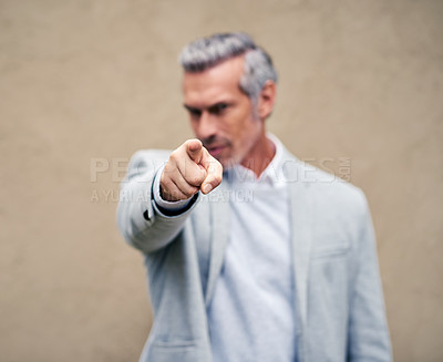 Buy stock photo Outdoor, business and man pointing on portrait for job or career opportunity in Germany. Male person, employee and serious with confidence as hr manager for recruitment, hiring and choose or decision