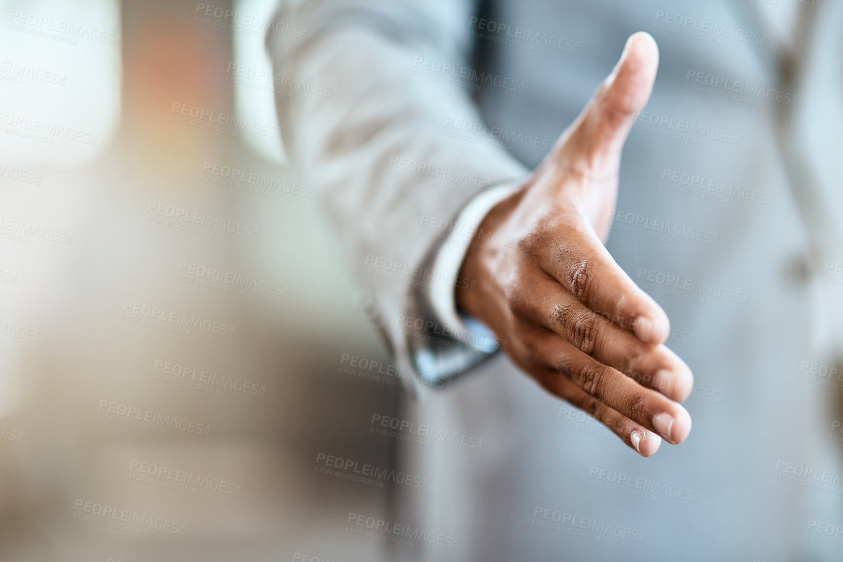 Buy stock photo Handshake, offer and business man success, partnership agreement or introduction in job welcome. Professional person shaking hands in pov meeting, deal congratulations and thank you on mockup space