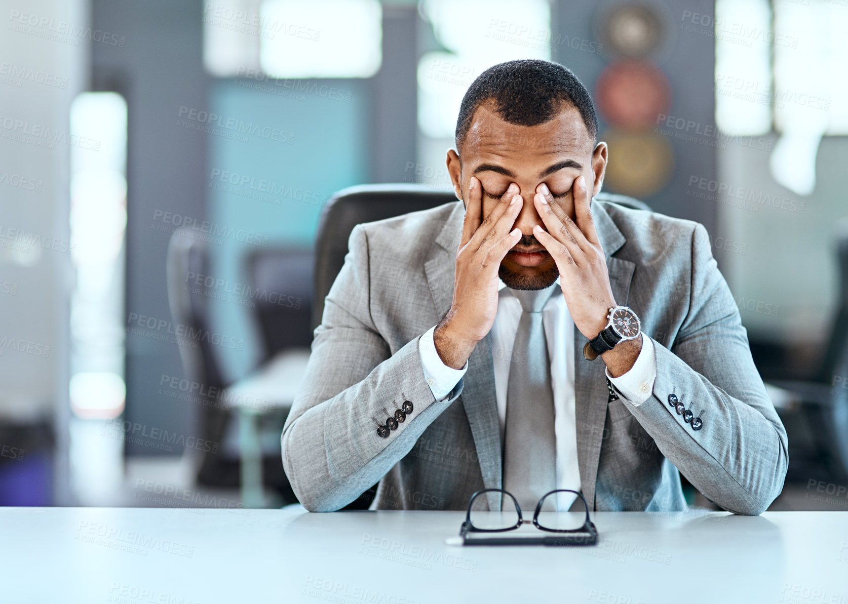 Buy stock photo Businessman, tired and stress in office with headache for burnout, audit fail and company bankruptcy. Financial advisor, fatigue and migraine pain for working overtime, startup problem and tax debt