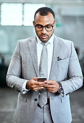 Buy stock photo Businessman, phone internet and typing for research, email notification and finance info in office. Financial advisor, networking and mobile for investing app, online news article and text message